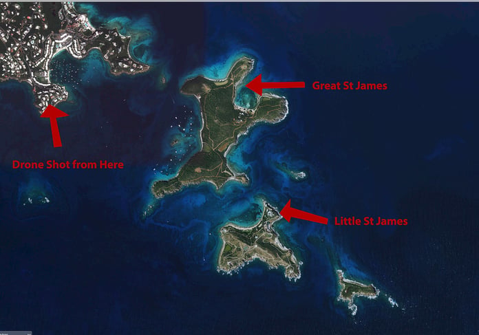 Aerial view of the Saint James islands off Saint Thomas with Great Saint James and Little Saint James labelled