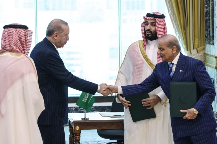 Turkish President Erdogan, Saudi Crown Prince Mohammed bin Salman, and Pakistani PM Shehbaz Sharif at the Mecca Pact signing ceremony, August 2026