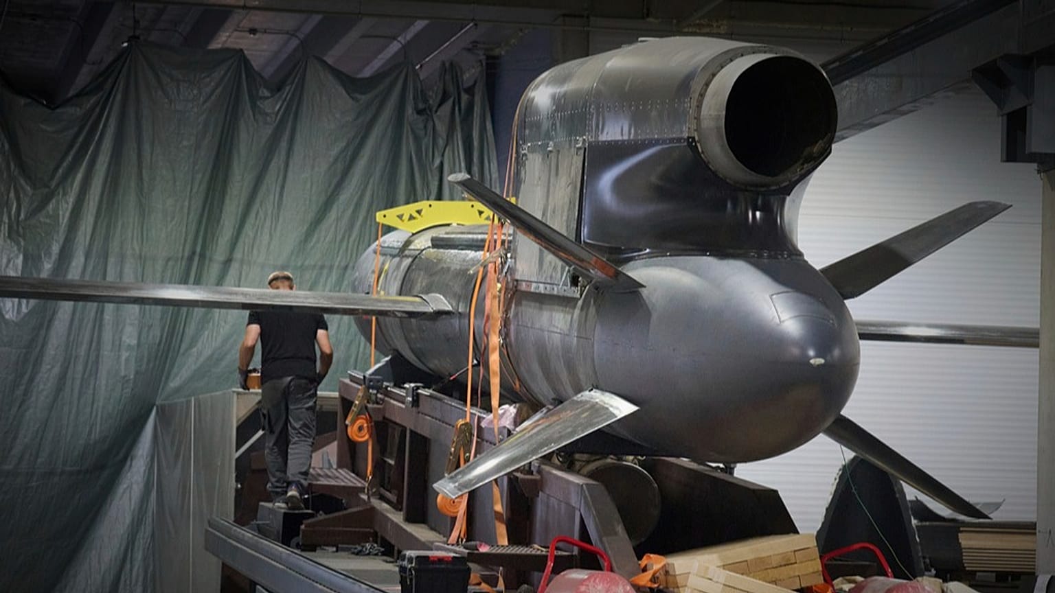 Workers inspect Flamingo cruise missiles inside a Fire Point factory in Ukraine