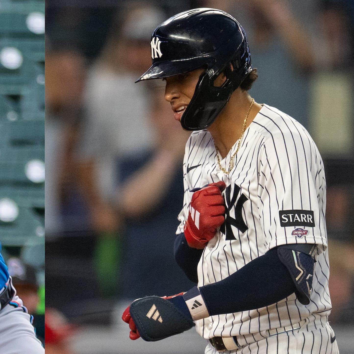 George Lombard Jr. in New York Yankees pinstripes with Debut patch celebrating his first career home run at Yankee Stadium