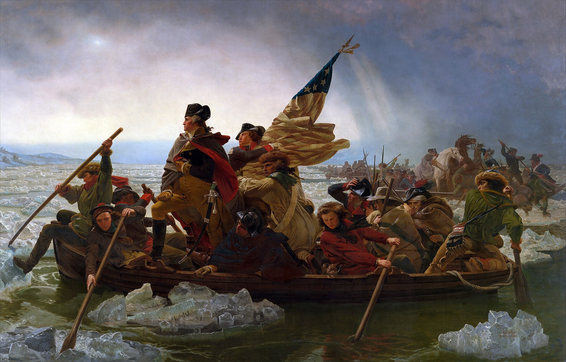 Emanuel Leutze's 1851 painting of George Washington standing in a boat crossing the ice-choked Delaware River