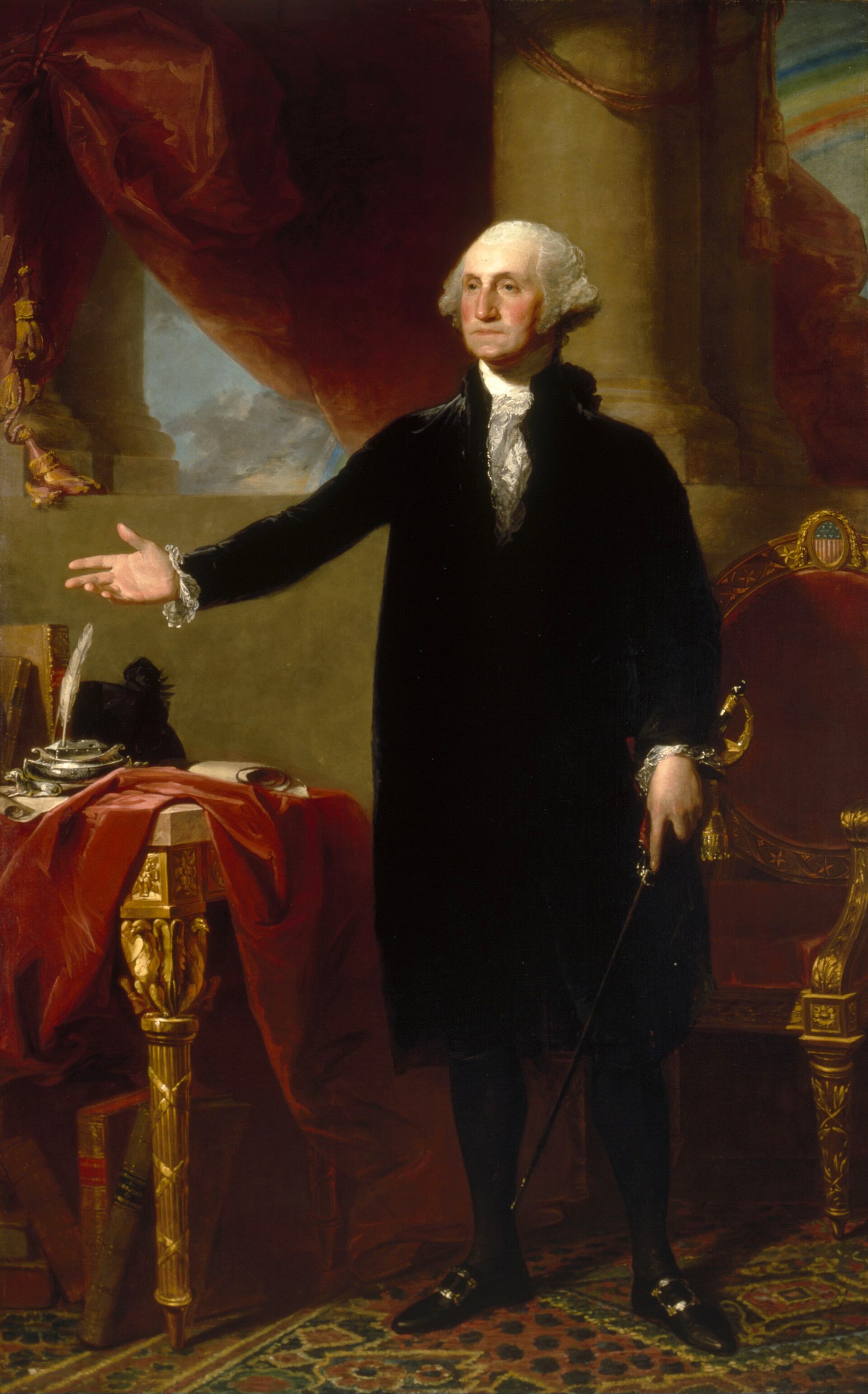 George Washington standing in black velvet beside a draped table in Gilbert Stuart's full-length Lansdowne Portrait of 1796