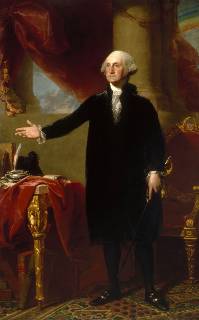 George Washington standing in black velvet beside a draped table in Gilbert Stuart's full-length Lansdowne Portrait of 1796