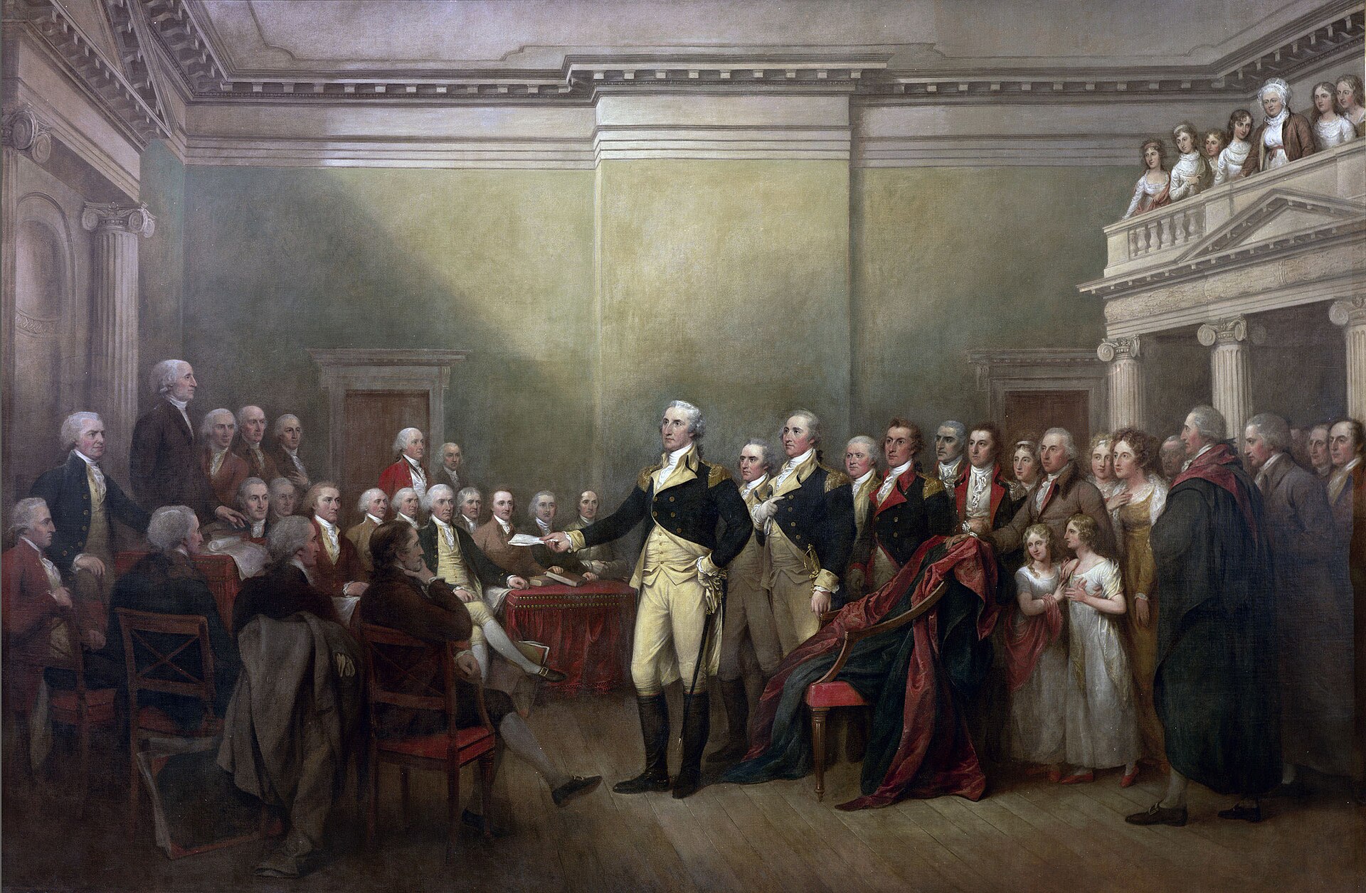 John Trumbull's painting of George Washington handing his commission back to the Continental Congress at Annapolis in December 1783