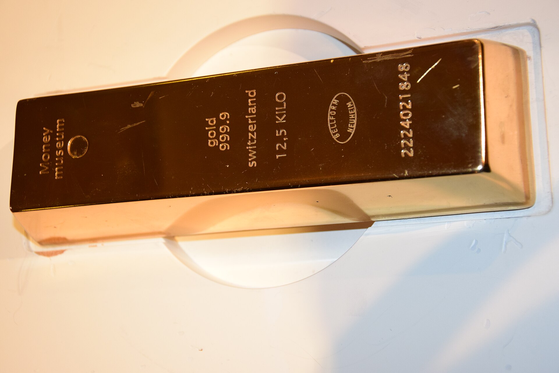 Gold rate today: a 12.5 kilogram bar of 999.9 fine Swiss gold on display at the Money Museum in Zurich
