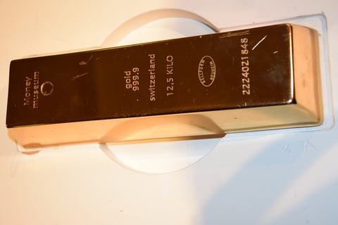Gold rate today: a 12.5 kilogram bar of 999.9 fine Swiss gold on display at the Money Museum in Zurich