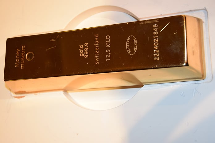 Gold rate today: a 12.5 kilogram bar of 999.9 fine Swiss gold on display at the Money Museum in Zurich
