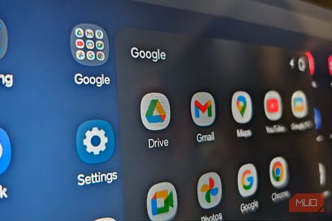 Google Drive app icon visible in the folder of a Samsung tablet