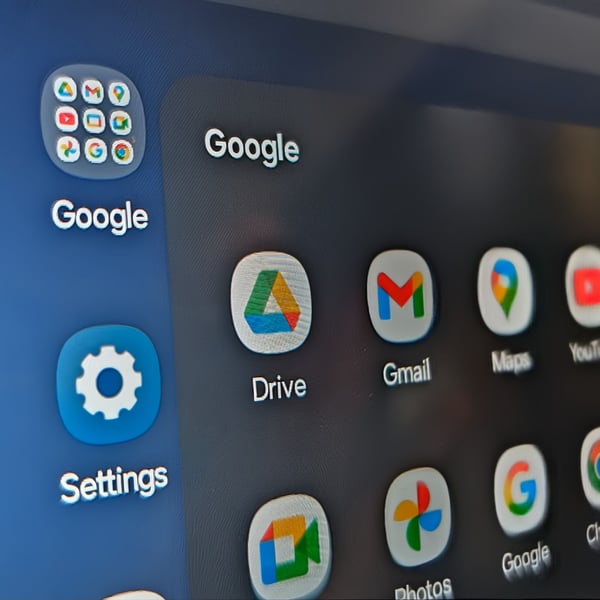 Google Drive app icon visible in the folder of a Samsung tablet