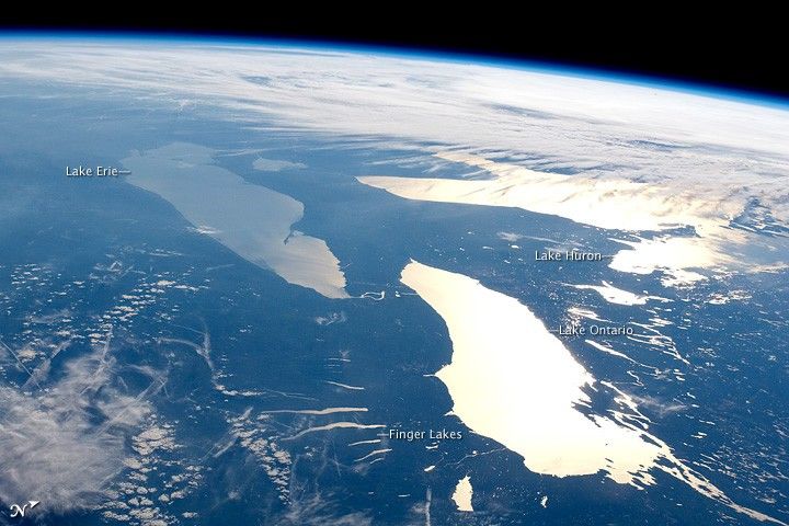 Great Lakes including Lake Ontario photographed from International Space Station showing sunglint effect