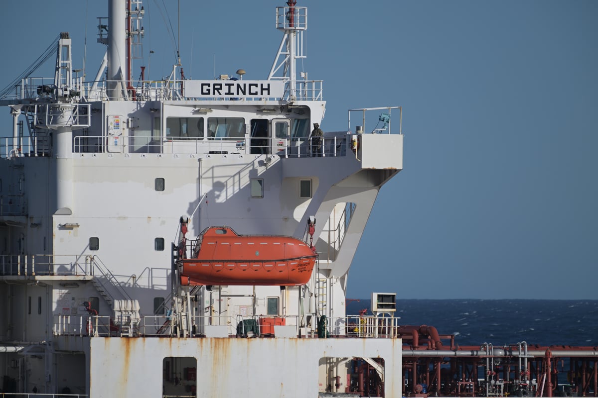 The oil tanker Grinch at sea after being intercepted by French naval forces in the Mediterranean