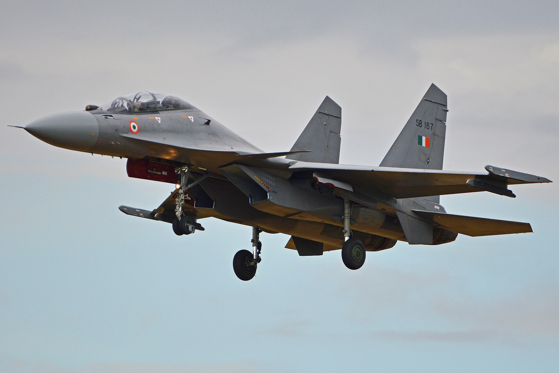 An Indian Air Force Sukhoi Su-30MKI of No 2 Squadron landing, one of the platforms Hindustan Aeronautics builds under licence