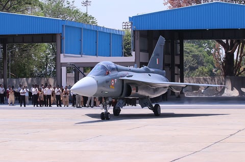 A HAL Tejas Mk1A light combat aircraft preparing for its first flight