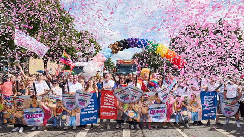 Participants at the start of Hamburg Pride 2026 parade on Luebecker Strasse, Hamburg, Germany
