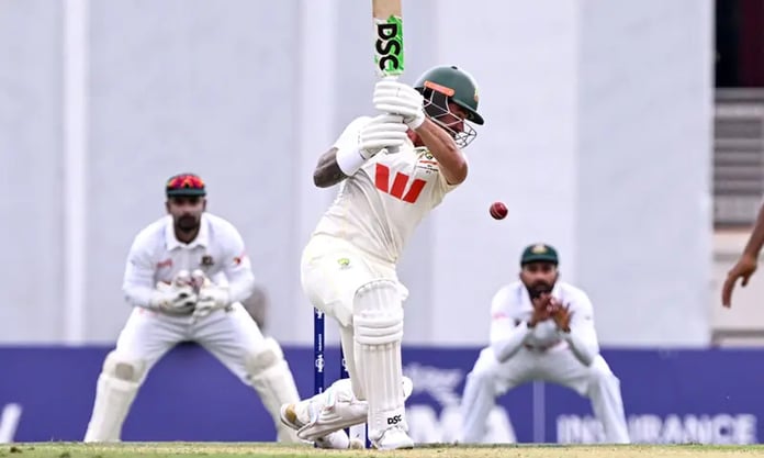Bangladesh pacer Hasan Mahmud celebrates as Jake Weatherald is caught behind at Marrara Stadium Darwin during the first Test against Australia