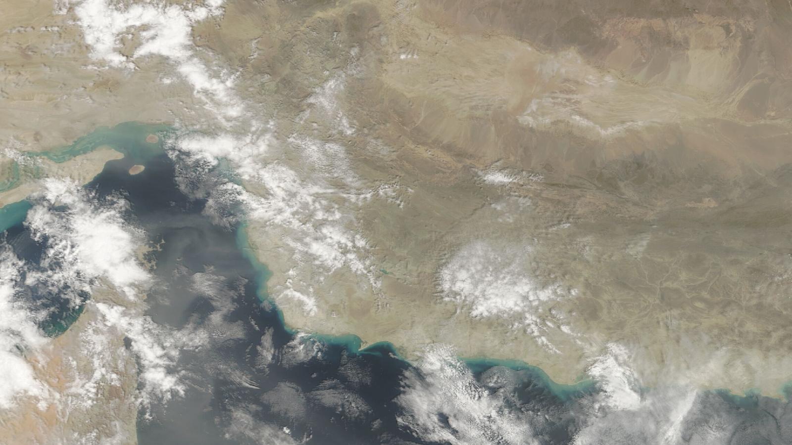 Close-up NASA MODIS satellite view of the Strait of Hormuz, the world's most critical oil shipping chokepoint, in August 2022