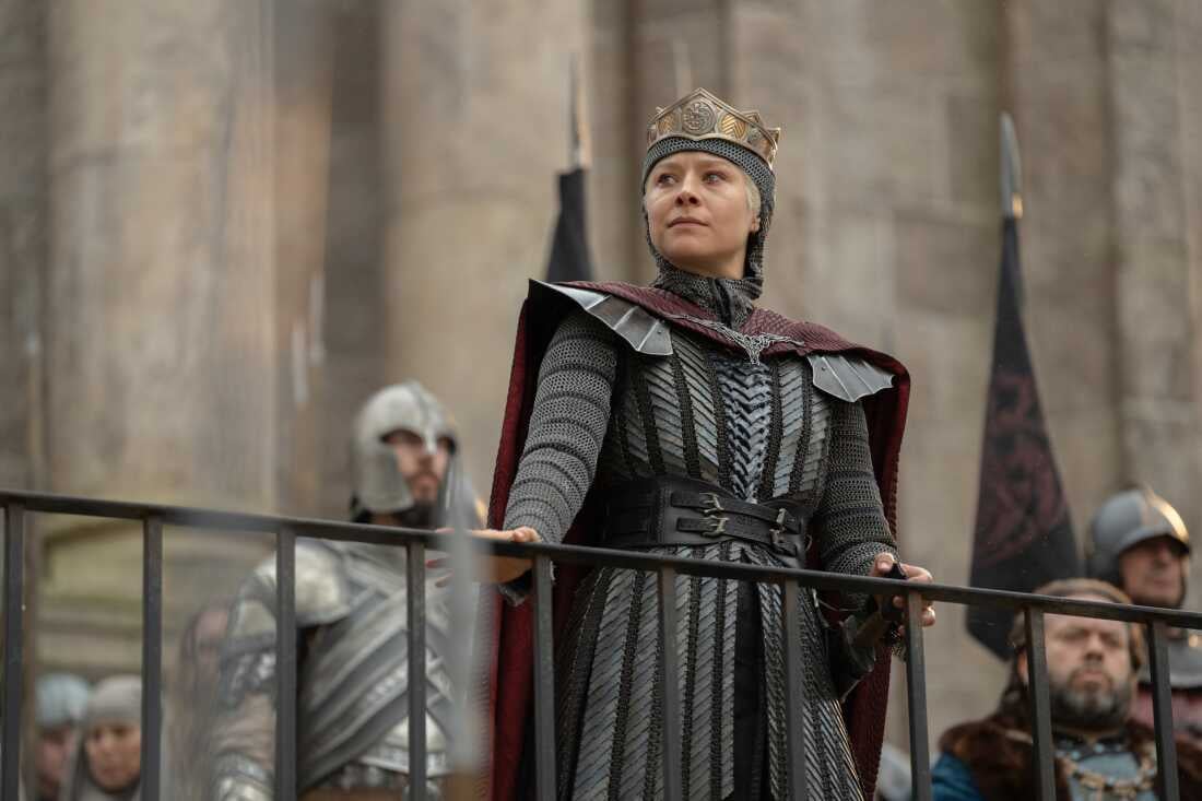 Emma d’Arcy as Queen Rhaenyra Targaryen reacting to the Battle of Tumbleton in House of the Dragon Season 3