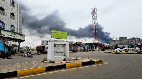 Smoke rising from Mocha port Yemen after Houthi drone and missile strike killing seven August 2026