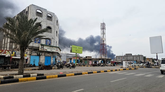 Smoke billowing from the Red Sea port city of Mocha during Houthi ballistic missile and drone strikes