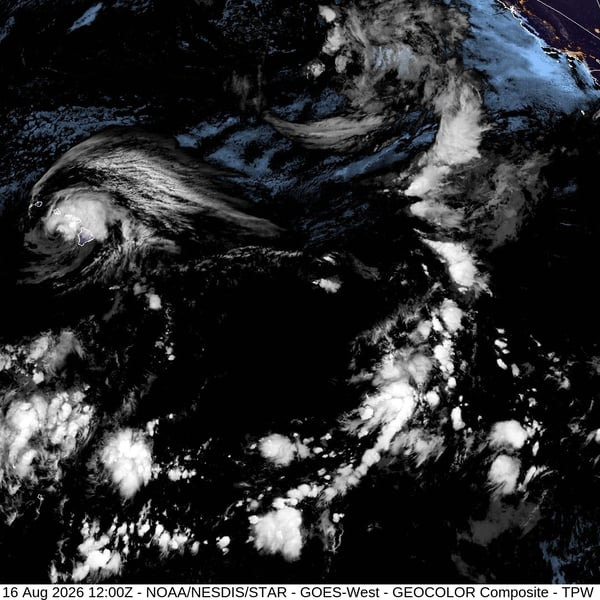 GOES-17 GeoColor satellite image of Hurricane Lala approaching Hawaii's Big Island in August 2026