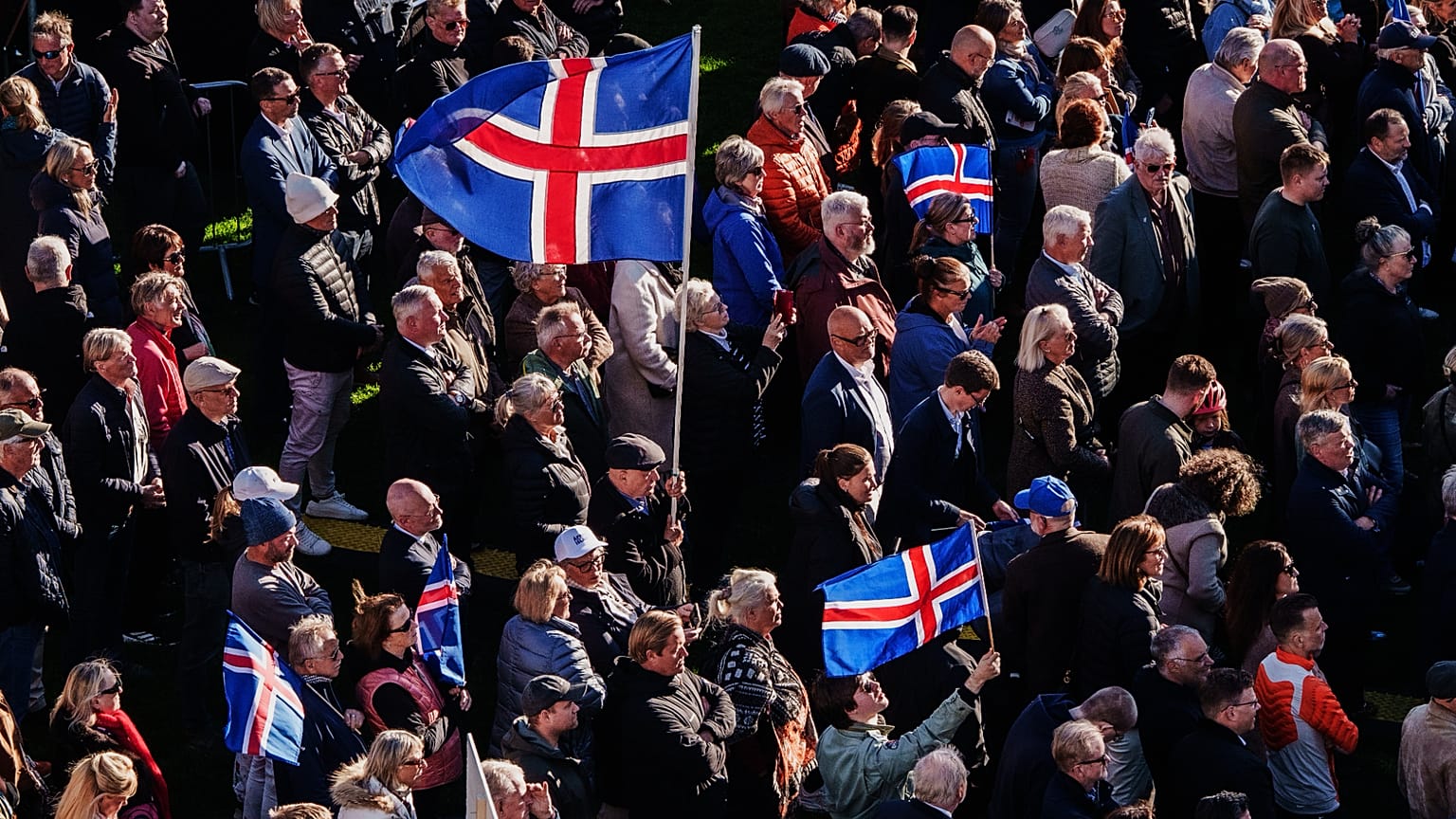 Protesters at an Afram Island rally opposing EU accession talks in Reykjavik Iceland ahead of the August 29 2026 EU referendum vote