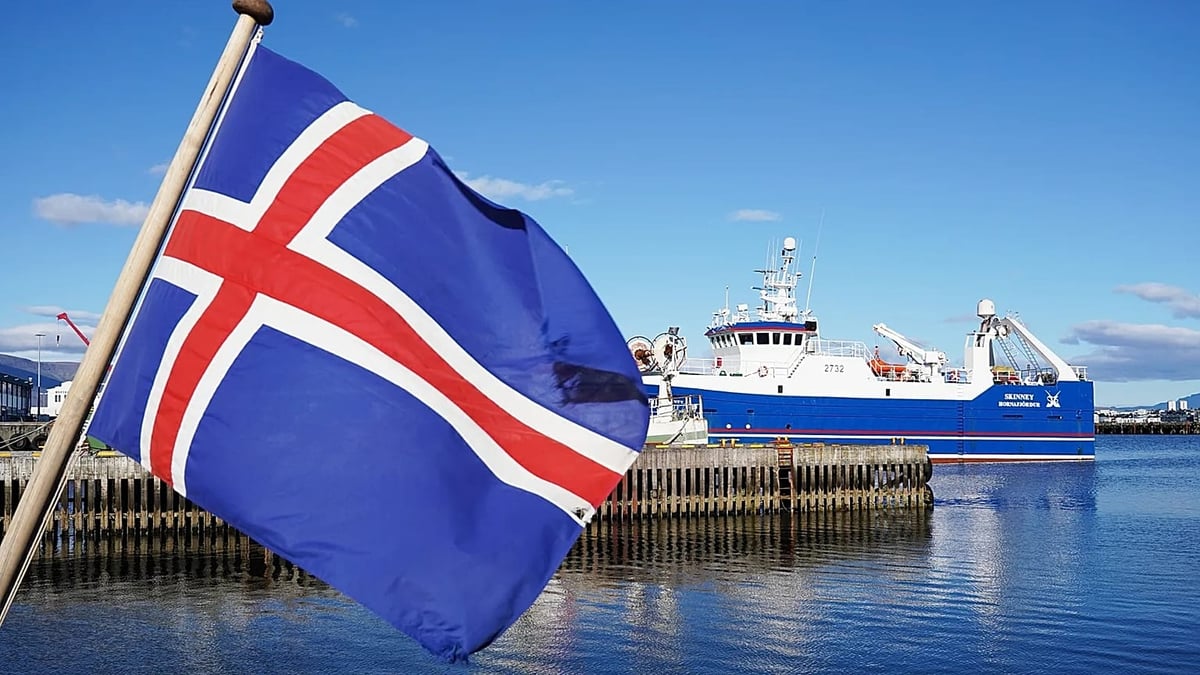 Icelandic flag flies in foreground with a blue fishing vessel docked in Reykjavík harbour ahead of Iceland's EU referendum vote August 29 2026
