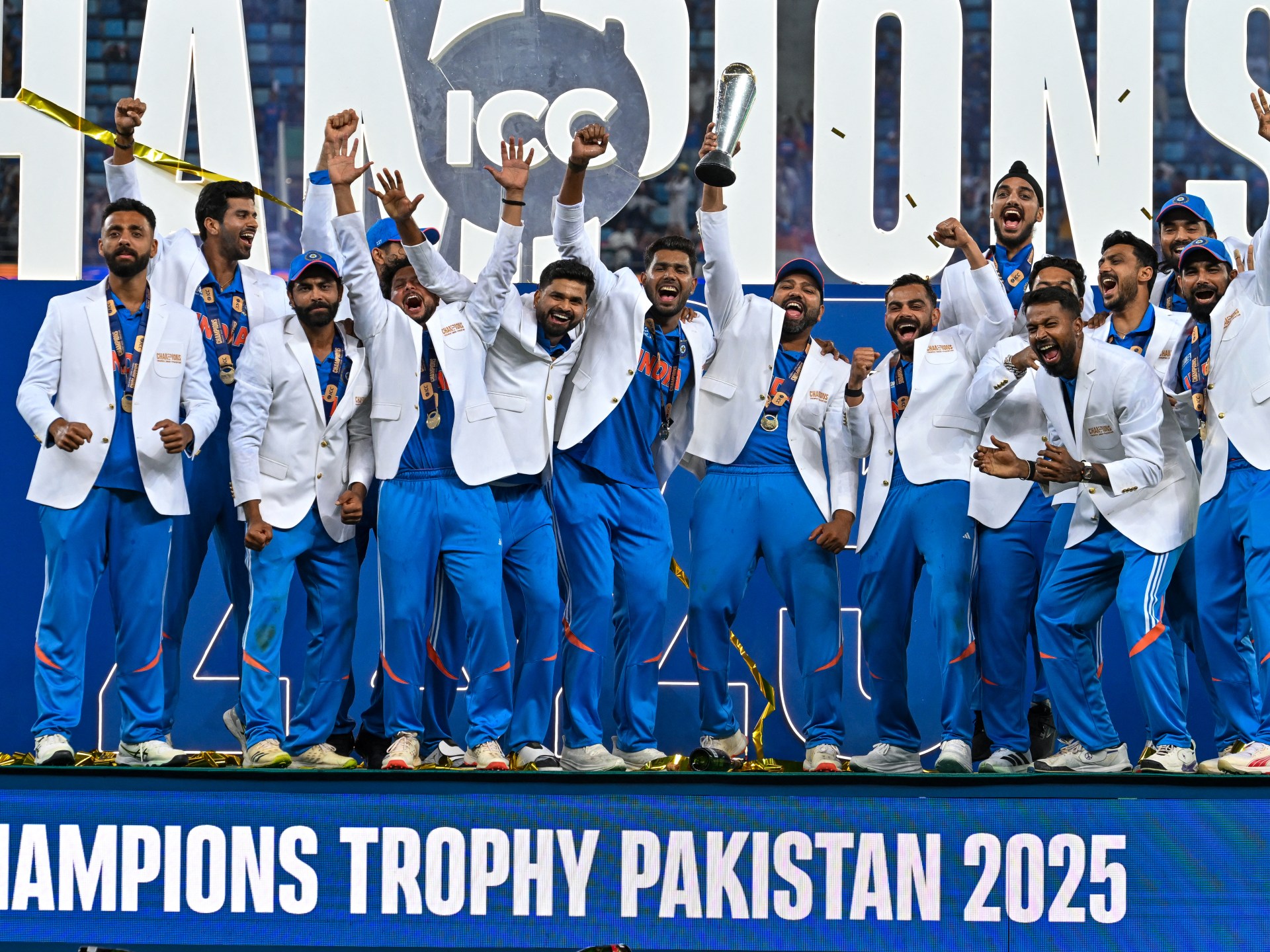 India players celebrate winning the ICC Champions Trophy 2025 final against New Zealand by four wickets at the Dubai International Cricket Stadium