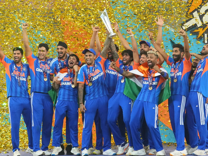 India players celebrate after beating New Zealand by 96 runs in the ICC Men's T20 World Cup 2026 final at the Narendra Modi Stadium in Ahmedabad