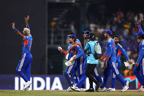 India players celebrate victory over Pakistan at the R. Premadasa Stadium in Colombo during the ICC Men's T20 World Cup 2026, the most recent match in the India vs Pakistan cricket timeline