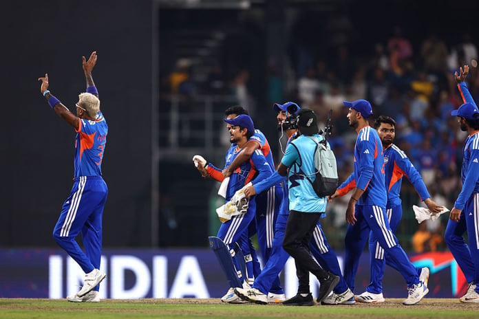 India players celebrate victory over Pakistan at the R. Premadasa Stadium in Colombo during the ICC Men's T20 World Cup 2026, the most recent match in the India vs Pakistan cricket timeline