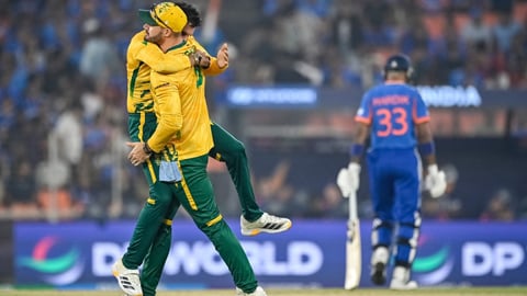 South Africa players celebrate a wicket as India batter Hardik Pandya walks off during the T20 World Cup 2026 Super 8 match at the Narendra Modi Stadium in Ahmedabad
