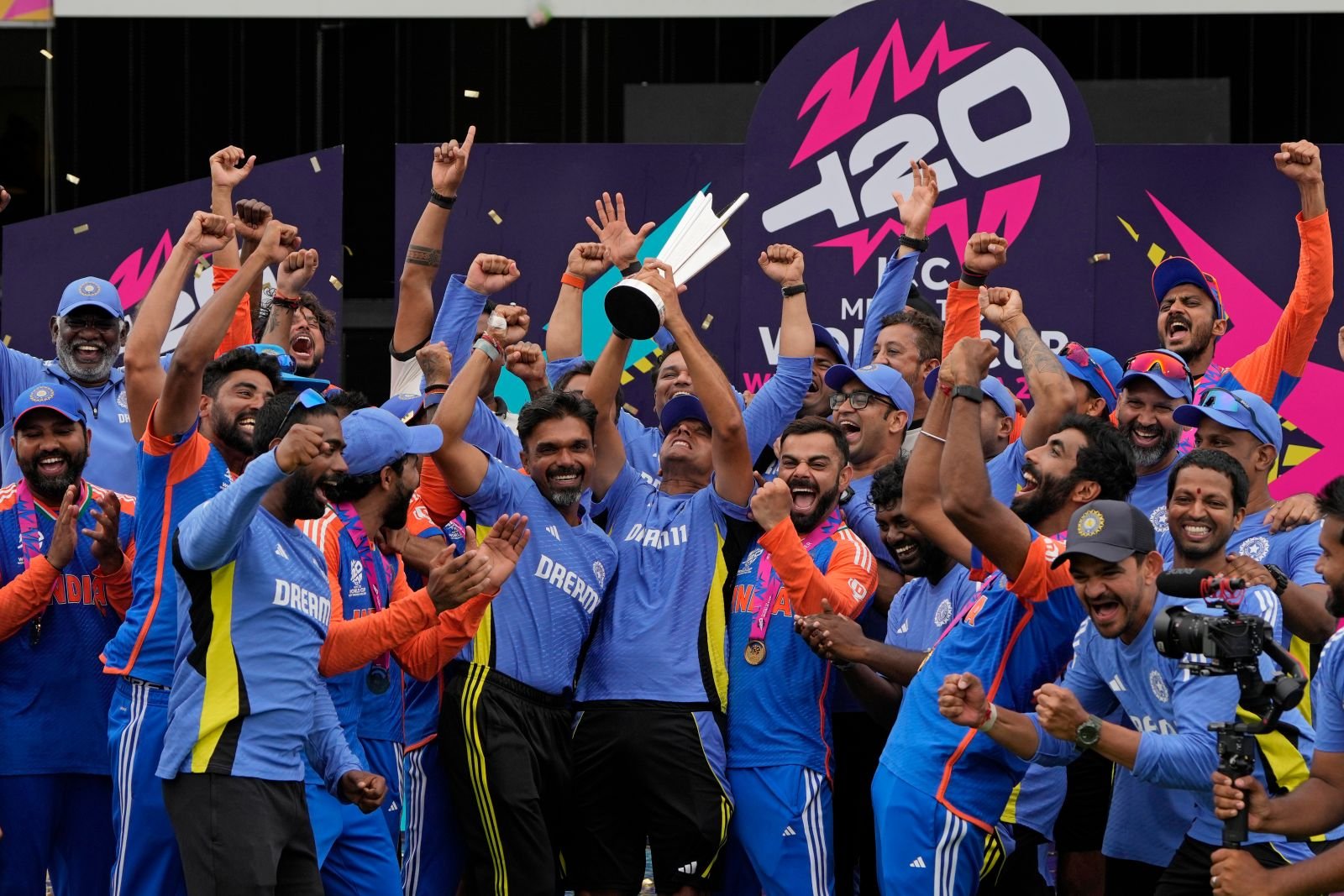 India celebrate the 2024 T20 World Cup final win over South Africa at Kensington Oval in Barbados