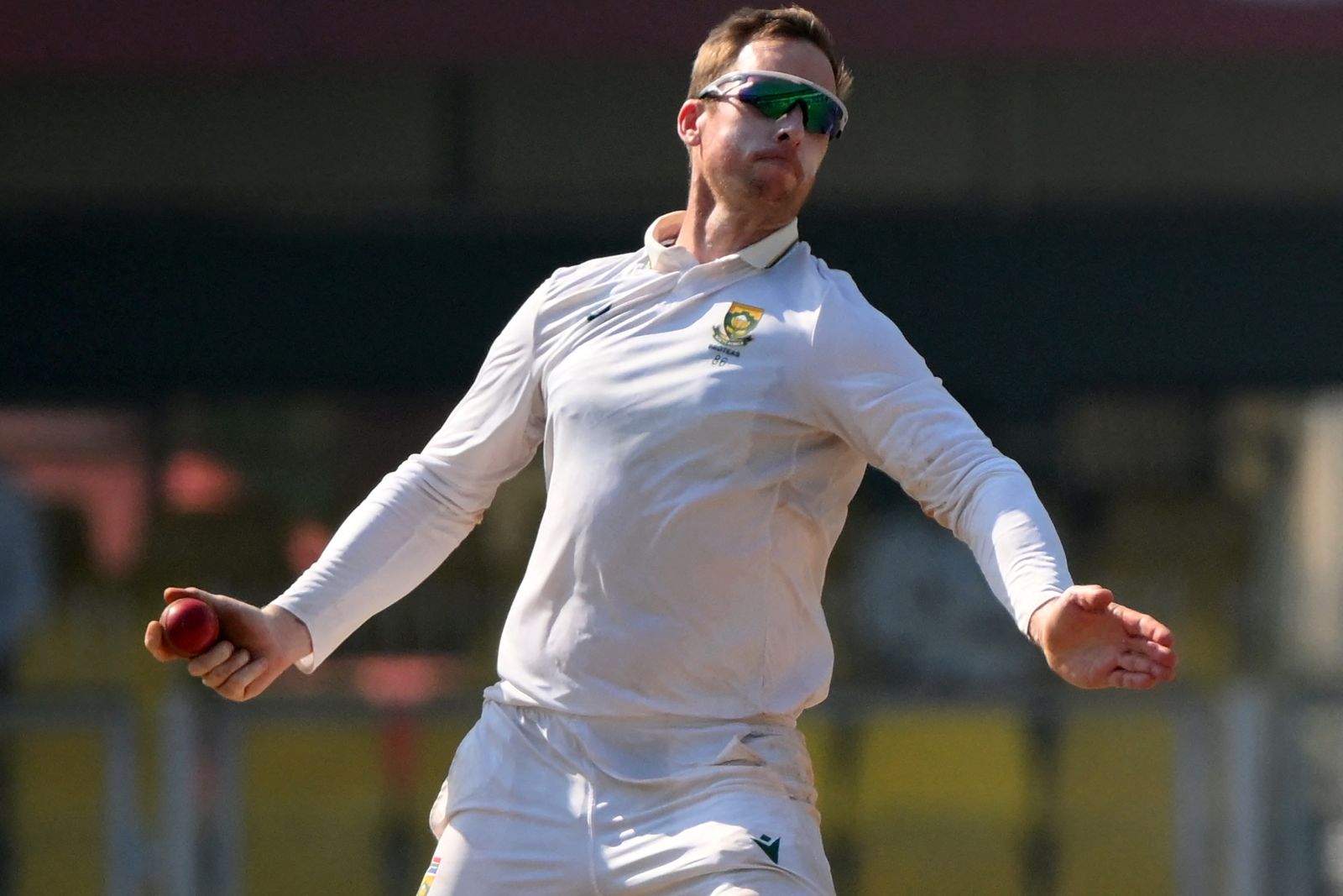 Simon Harmer bowling for South Africa against India on the fifth day of the second Test in Guwahati