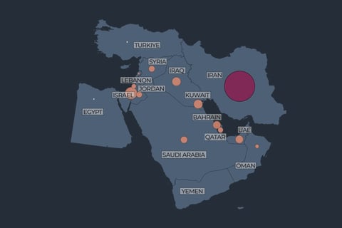 Infographic showing the six-month mark of the Iran-US war and the shipping crisis in the Strait of Hormuz