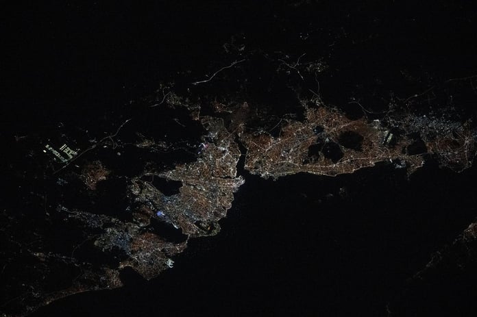 Istanbul city lights at night showing the Bosphorus Strait connecting the Sea of Marmara to the Black Sea photographed from the International Space Station
