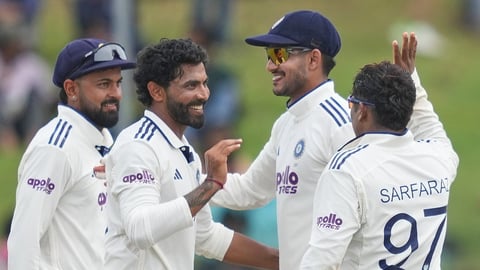 India's Ravindra Jadeja celebrates the wicket of Pasindu Sooriyabandara during Day 3 of the 2nd Test in Colombo