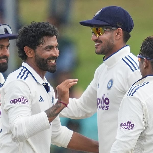 India's Ravindra Jadeja celebrates the wicket of Pasindu Sooriyabandara during Day 3 of the 2nd Test in Colombo