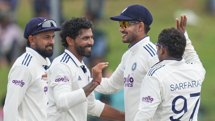 India's Ravindra Jadeja celebrates the wicket of Pasindu Sooriyabandara during Day 3 of the 2nd Test in Colombo