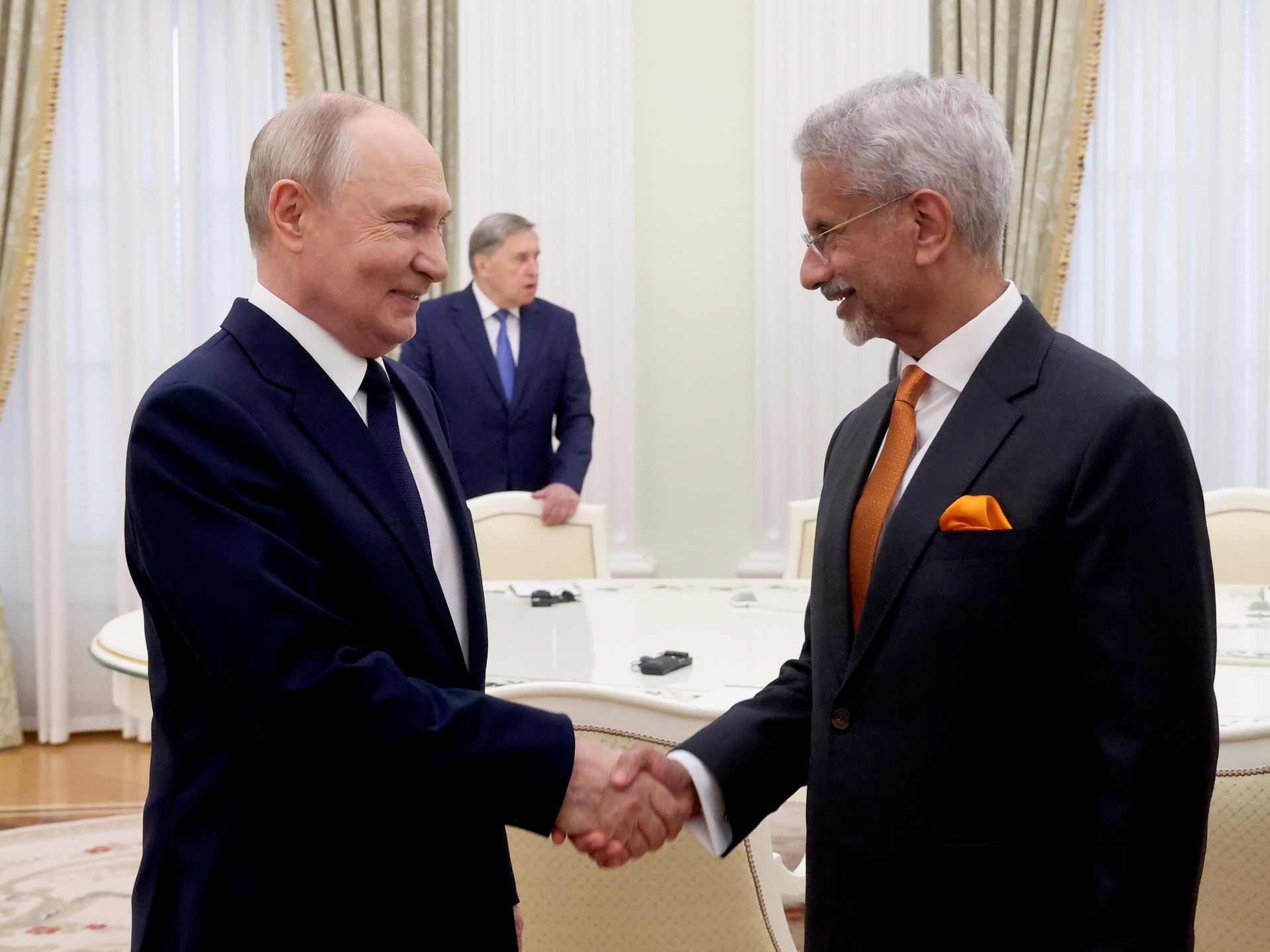 Indian Foreign Minister Subrahmanyam Jaishankar and Russian President Vladimir Putin at the Kremlin discussing India-Russia trade and energy ties