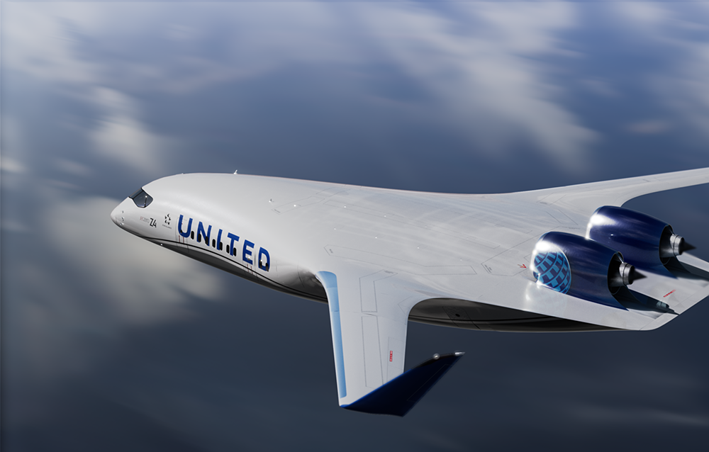 JetZero Z4 blended wing body aircraft concept in United Airlines livery