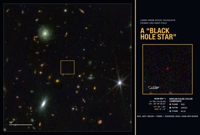 JWST deep field image with MoM-BH*-1, the earliest known black hole star, highlighted at 660 million years after the Big Bang