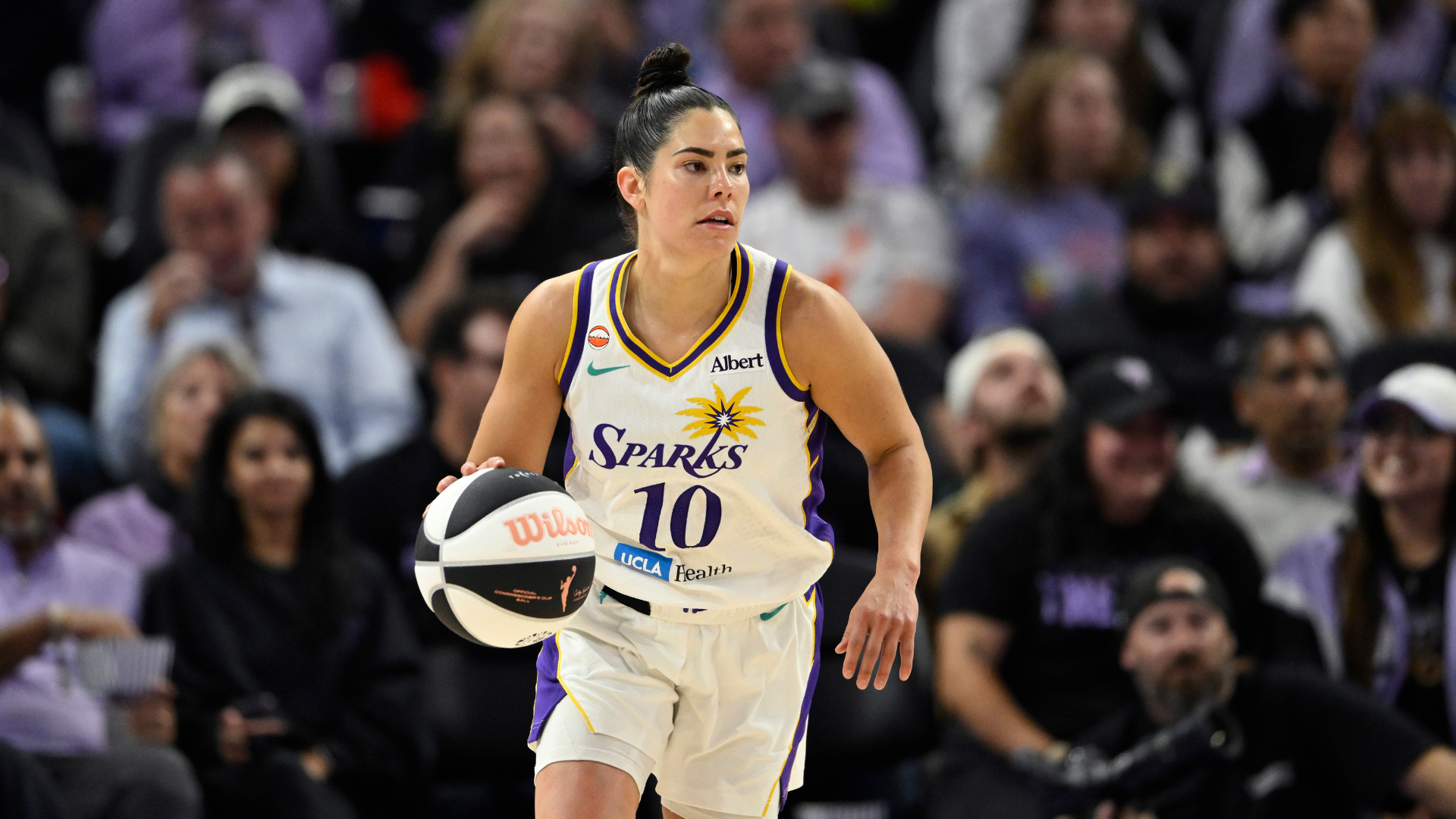 Kelsey Plum dribbling for the Los Angeles Sparks during the 2026 WNBA season