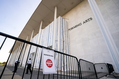 Scaffolding covers the Kennedy Center facade in Washington DC in June 2026 before the board votes to re-add Trump name