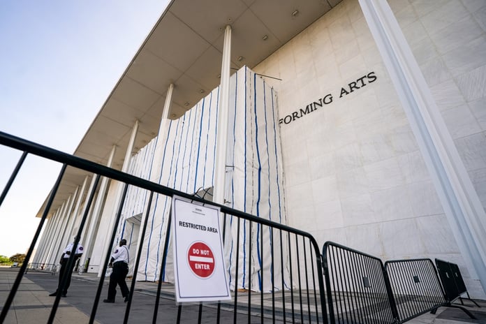 Scaffolding covers the Kennedy Center facade in Washington DC in June 2026 before the board votes to re-add Trump name