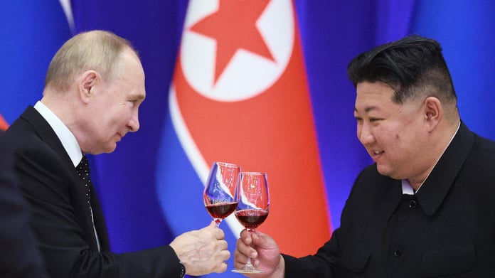 Russian President Vladimir Putin and North Korean leader Kim Jong Un at the Pyongyang summit, June 2024