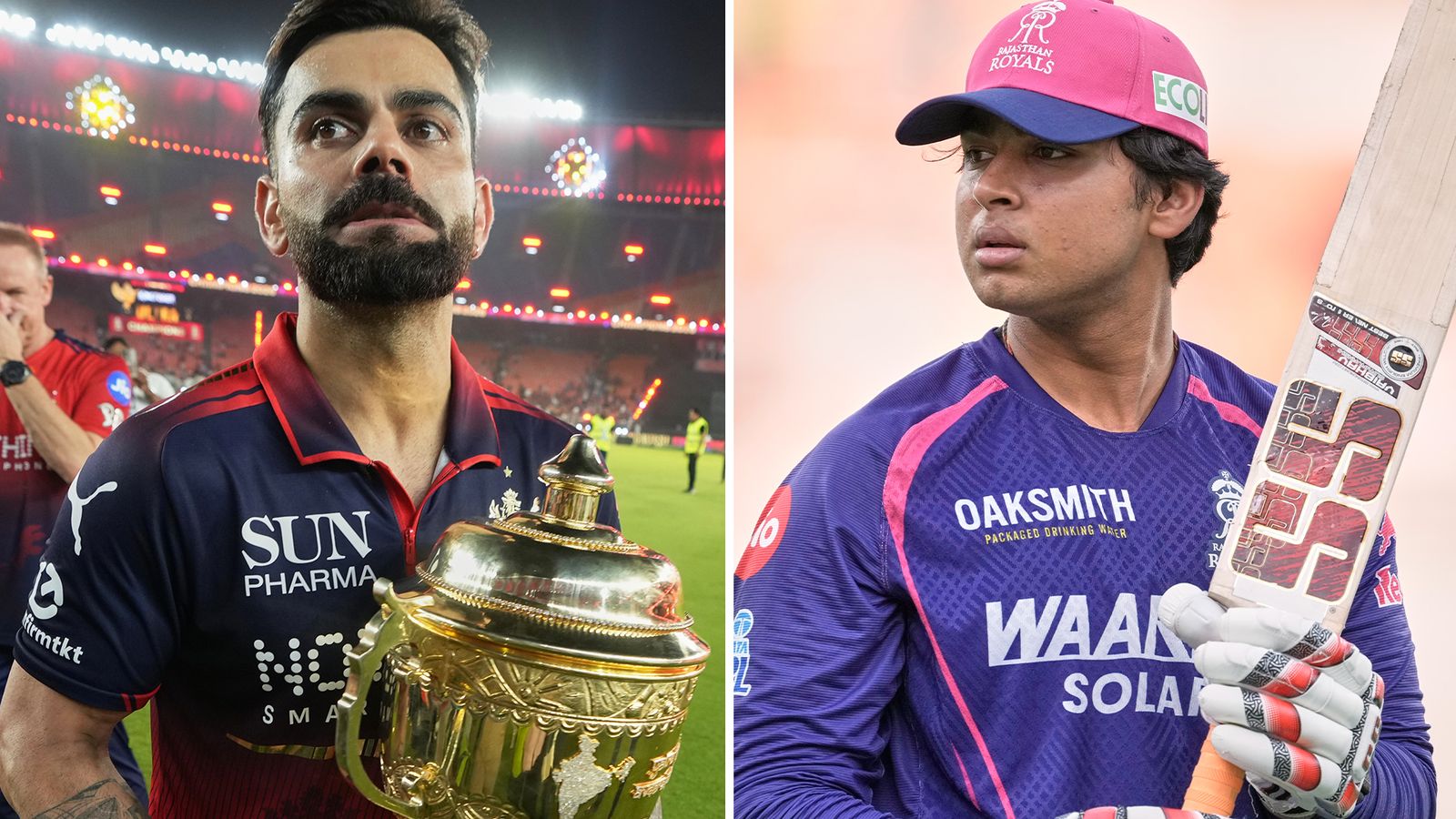 Composite image of Virat Kohli holding the IPL trophy and Vaibhav Sooryavanshi raising his bat