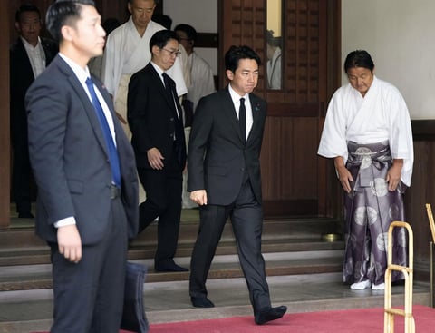 Japan Defense Minister Shinjiro Koizumi at Yasukuni Shrine Tokyo WWII anniversary