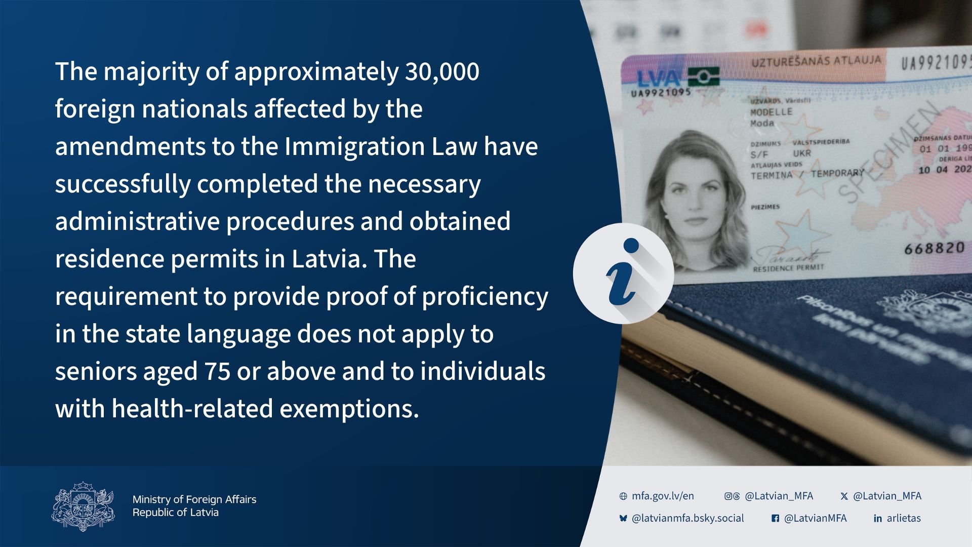 Latvian Foreign Ministry public information card stating that most of the 30,000 foreign nationals affected by the Immigration Law amendments have obtained residence permits