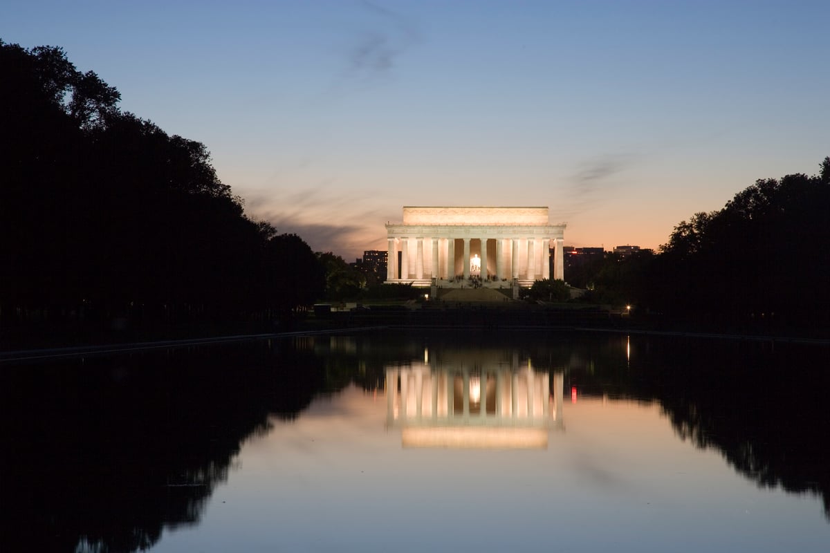 The Lincoln Memorial at dusk in Washington DC, site of the 2026 March on Washington voting rights rally