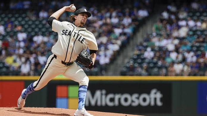 Logan Gilbert Seattle Mariners pitcher throwing at T-Mobile Park 2026
